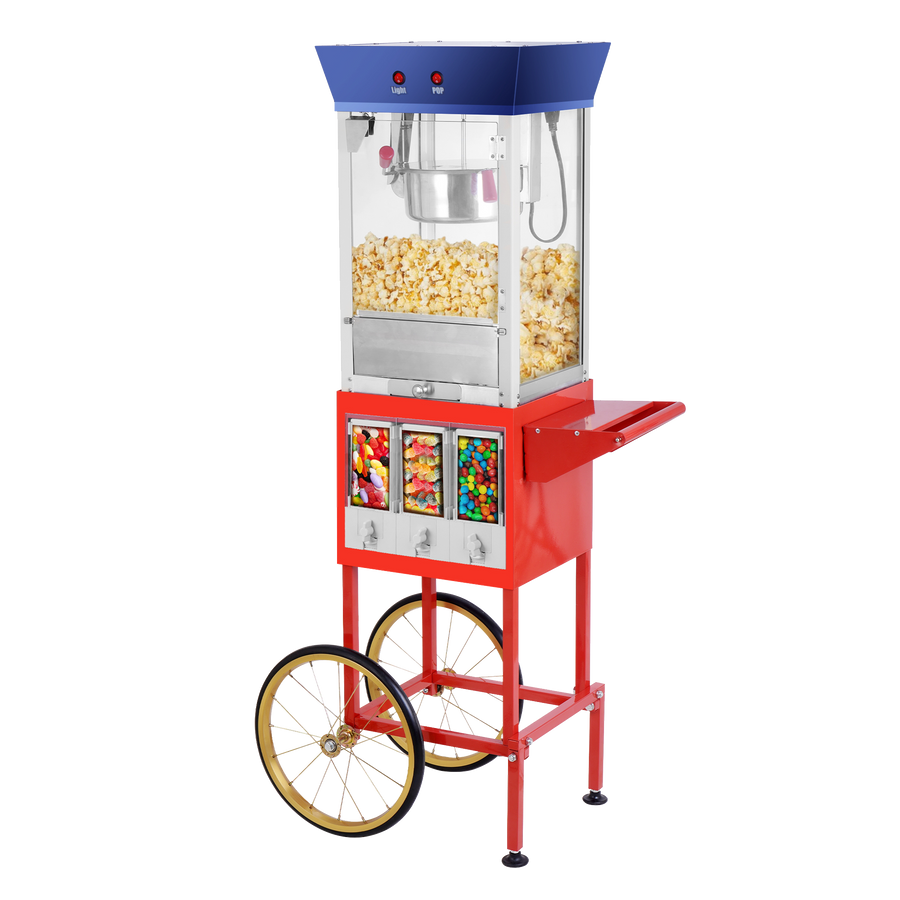 Corn rush popcorn machine with 3 candy dispenser & cart, 8oz - red