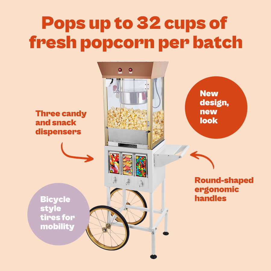 Corn rush popcorn machine with 3 candy dispenser & cart, 8oz - white