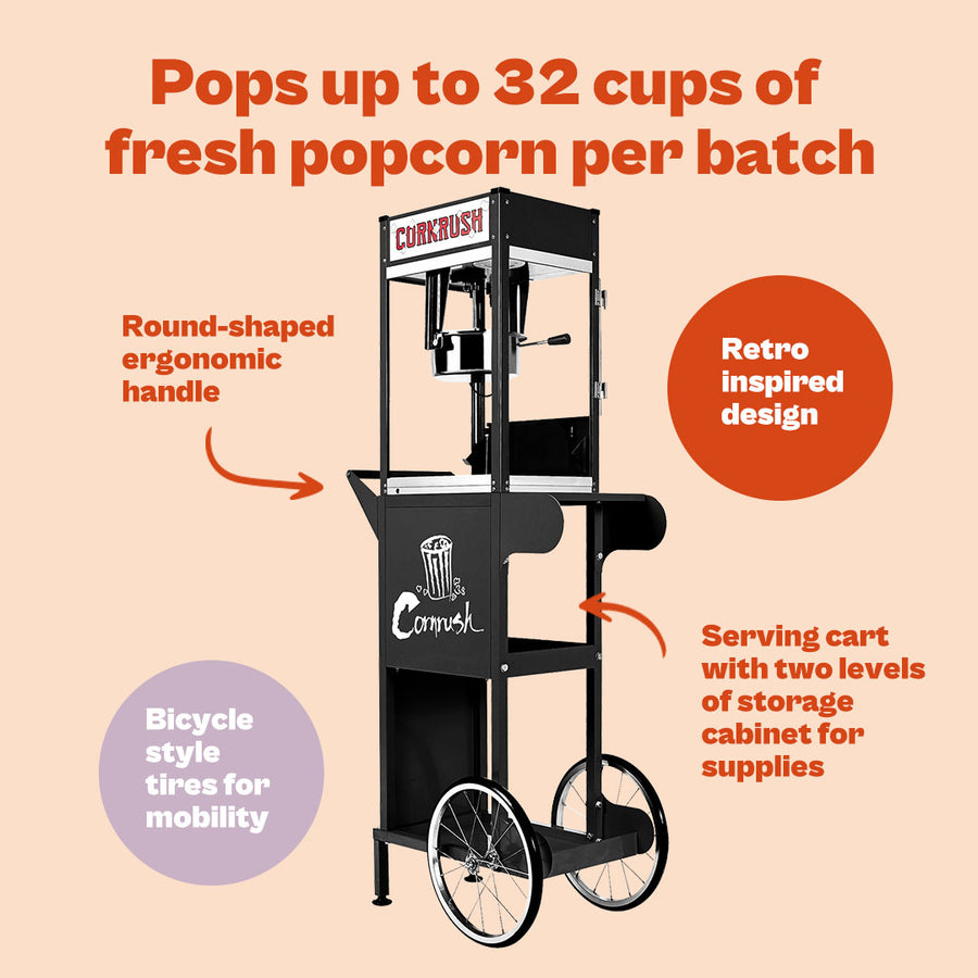 Corn rush popcorn machine with cart & storage, 8oz - black