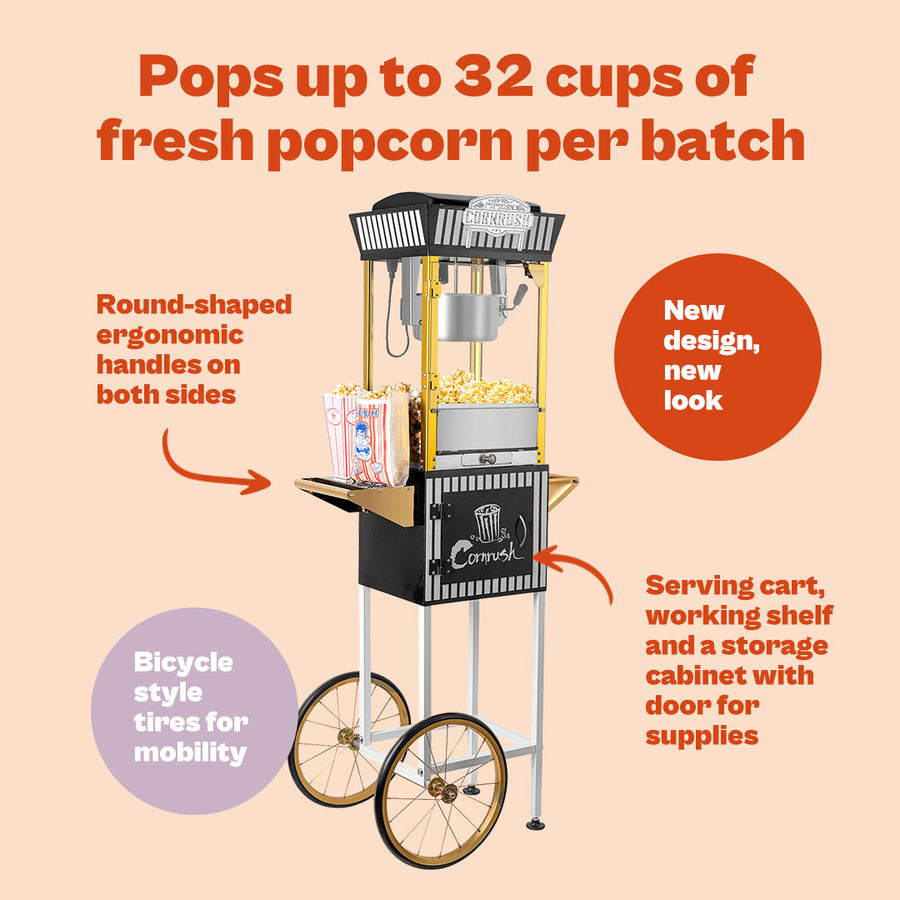 Corn rush popcorn machine with cart & storage new style, 8oz - black