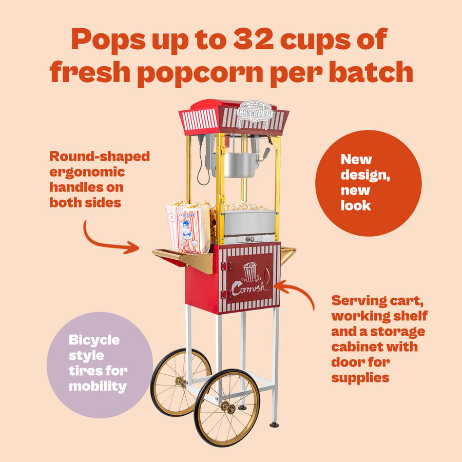 Corn rush popcorn machine with cart & storage new style, 8oz - red