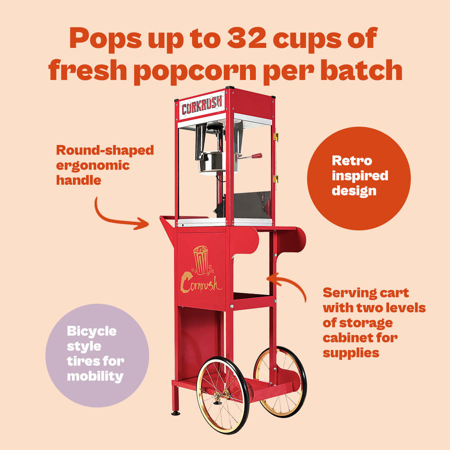 Corn rush popcorn machine with cart & storage, 8oz - red